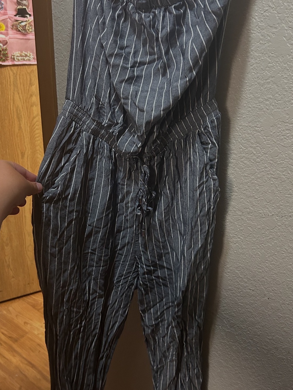 HYFVE Gray Striped Sleeveless Jumpsuit with Drawstring Waist